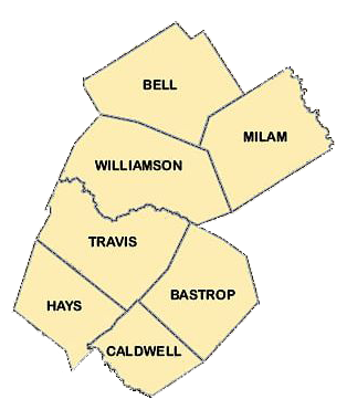 100 Club of Central Texas service area: Bastrop, Bell, Caldwell, Hays, Milam, Travis, and Williamson counties